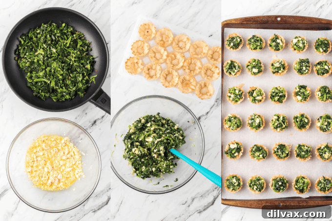 Step-by-step process photos showing spinach being cooked, mixed with feta and eggs, and then filled into phyllo cups.