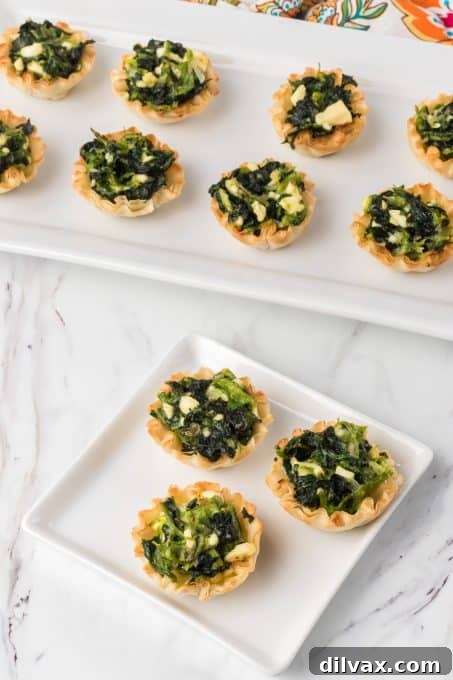 A close-up shot of Spanakopita Bites arranged neatly, showing the texture of the phyllo and the spinach-feta filling.