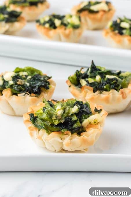 A serving of Spanakopita Bites in phyllo shells with a spinach and Feta filling, garnished and ready.