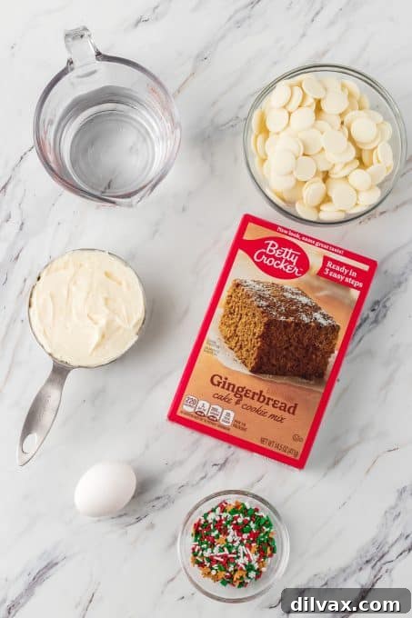 Spiced Holiday Truffle Treasures 4 A collection of simple ingredients for making gingerbread truffles: gingerbread cake mix, eggs, water, cream cheese frosting, white chocolate wafers, and sprinkles.