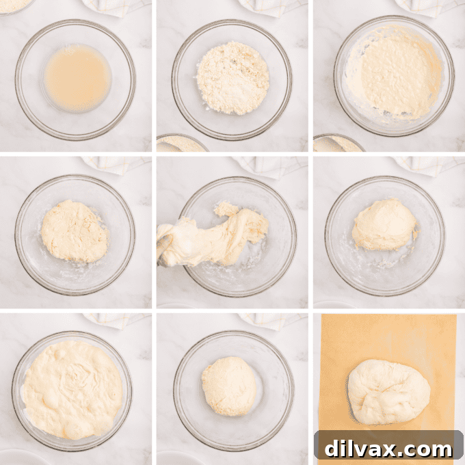 First set of process photos for Dutch Oven Bread, showing initial mixing and dough formation.