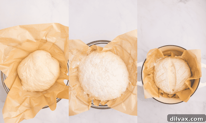 Second set of process photos for Dutch Oven Bread, showing the dough being shaped and placed in the Dutch oven.