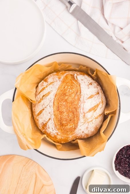 A perfectly baked loaf of Dutch Oven Bread, removed from the oven and cooling.