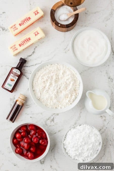Cherry Thumbprint Delights 4 All the dry and wet ingredients laid out for making Cherry Thumbprint Cookies.