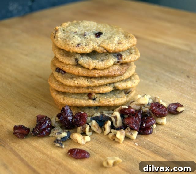 A close-up shot of freshly baked Cranberry Nut Cookies, showcasing their chewy texture and golden color.