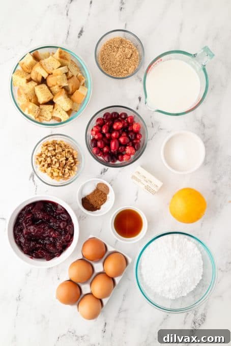 Ingredients for a luscious Cranberry Orange Bread Pudding.