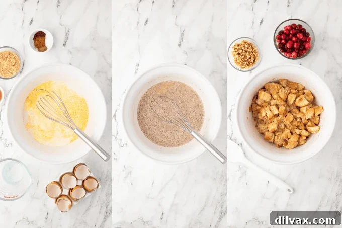 Step-by-step photos for making Cranberry Orange Bread Pudding, initial stages.