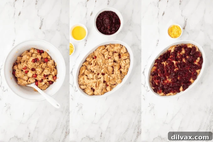 Second set of process photos for Cranberry Orange Bread Pudding, showing assembly.