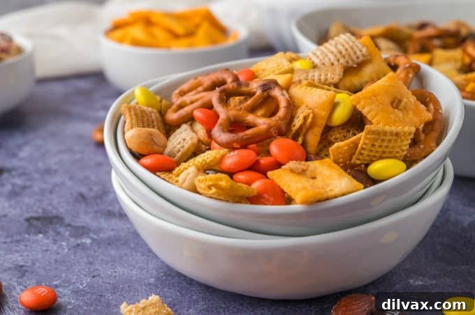 Chex Mix Recipe - A close-up of the delicious homemade snack mix, showcasing its crunchy textures and colorful M&Ms.