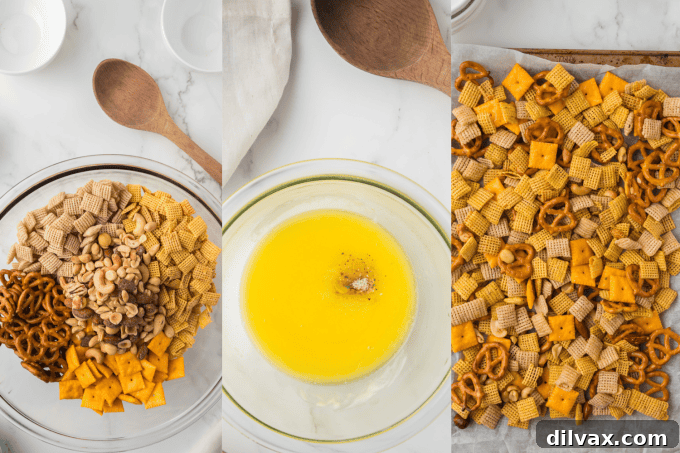 Process photos for Chex Mix Recipe, showing ingredients being mixed and baked on a tray.