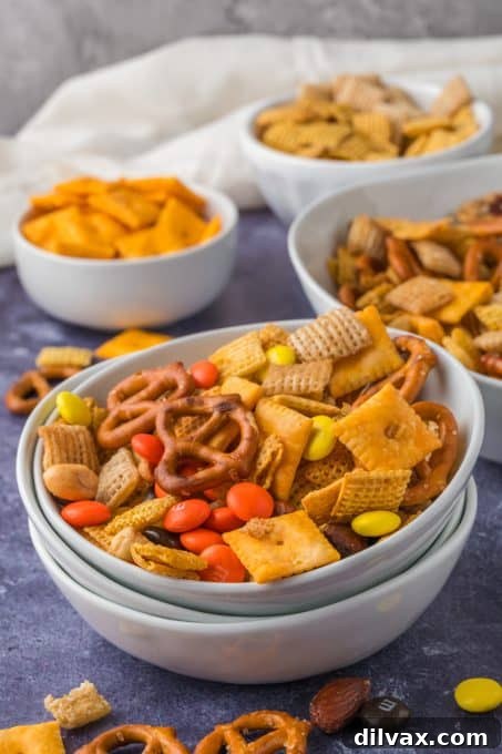 A classic snack mix for any occasion, featuring a variety of textures and flavors.
