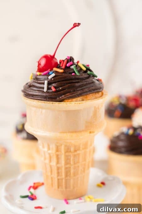 Sweet Cone Cupcakes 12 Chocolate frosting on a cupcake ice cream cone.