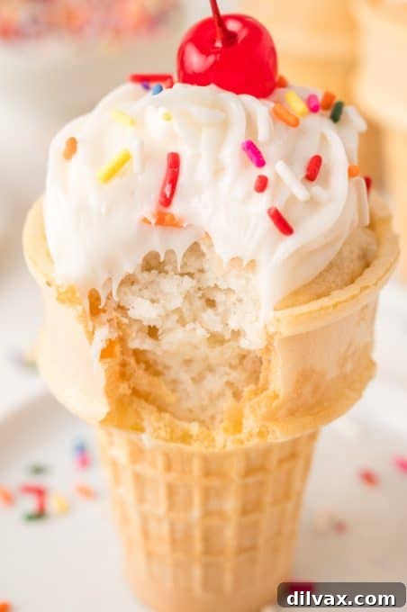 Sweet Cone Cupcakes 13 A bite taken out of a wafer cone cupcake.