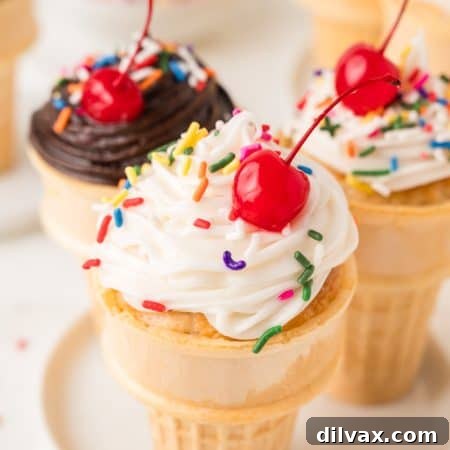 Wafer cones filled with cupcakes.