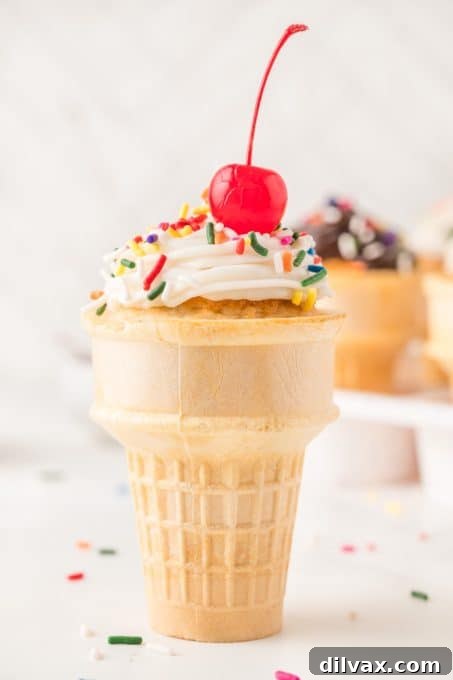 Sweet Cone Cupcakes 4 An ice cream cone with a cupcake inside.