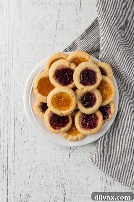 Jewel Box Cookies 7 Finished raspberry and apricot thumbprint cookies arranged beautifully.