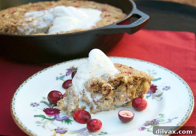 Cozy Skillet Apple Cranberry Oat Bake 2 A warm Cranberry Apple Oatmeal Skillet Cookie, baked with Quaker whole grain oats, cinnamon, and nutmeg, garnished with fresh cranberries and a scoop of vanilla ice cream, ready to be served on a festive holiday table.