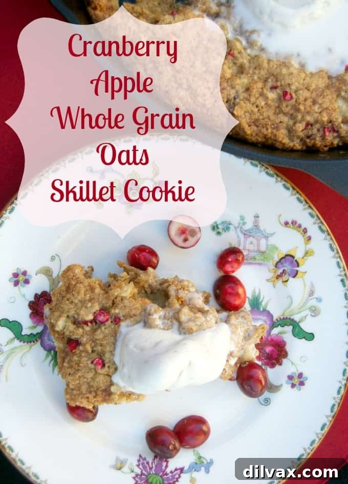 Cozy Skillet Apple Cranberry Oat Bake 3 A close-up of the delicious Cranberry Apple Oatmeal Skillet Cookie, baked to golden perfection in a cast iron skillet, showcasing the vibrant red cranberries and tender apple pieces nestled within the hearty Quaker Oats.