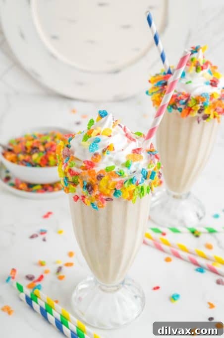 Fruity Cereal Milkshake 3 Ice Cream, milk and a favorite breakfast cereal in milkshakes.