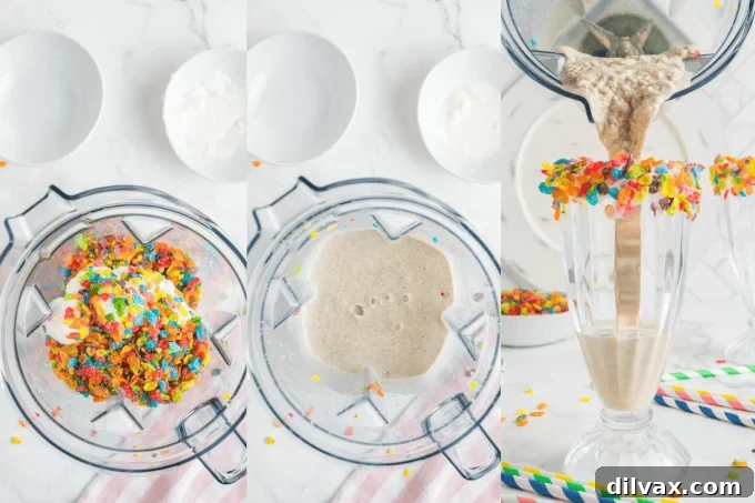 Fruity Cereal Milkshake 6 Process photos for Fruity Pebbles™ Milkshake.