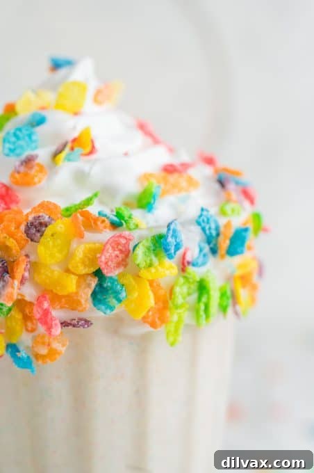 Fruity Cereal Milkshake 8 Colorful cereal decorates the rim of a milkshake.