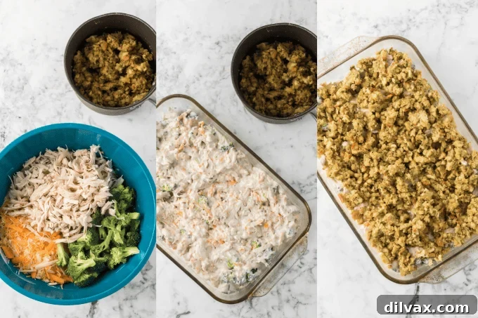 Second set of process photos for Chicken and Stuffing Casserole.