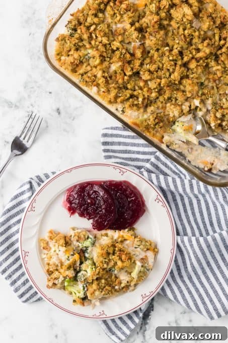 Stuffing, broccoli, and shredded chicken in a cheesy, creamy casserole.
