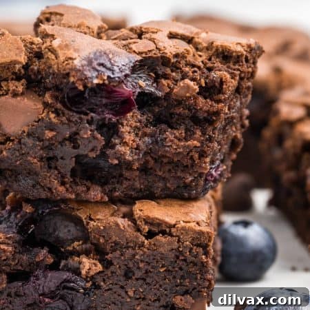 A bite taken out of a fudgy brownie filled with fresh blueberries.