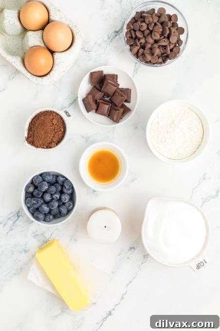 Decadent Blueberry Brownies 4 Ingredients for Blueberry Brownies laid out on a table.