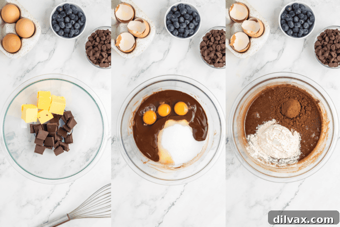Decadent Blueberry Brownies 5 First set of process photos for Blueberry Brownies, showing mixing steps.