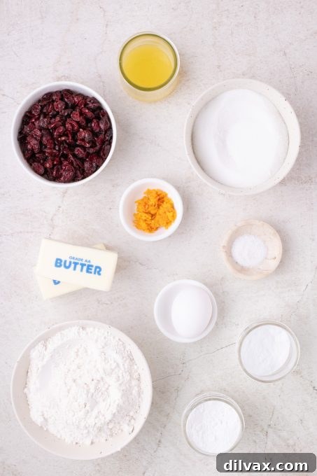 Key ingredients for Cranberry Orange Cookies laid out