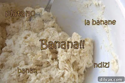 Mixing mashed bananas and buttermilk into the flour mixture for the muffin dough.