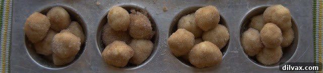 Cinnamon sugar coated dough balls placed in a muffin tin