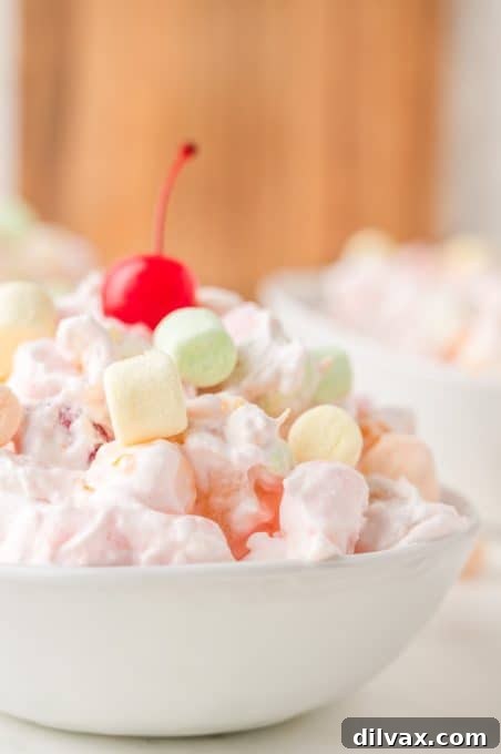 Close-up of Ambrosia Salad in a serving bowl, showcasing its fluffy texture.