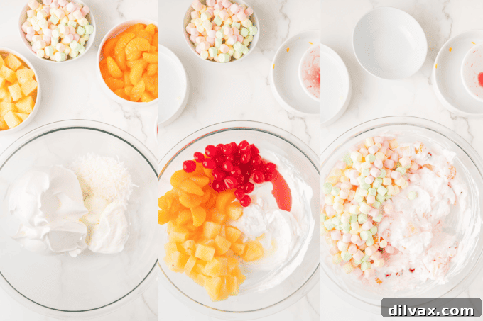 Step-by-step process photos showing how to make Ambrosia Salad.