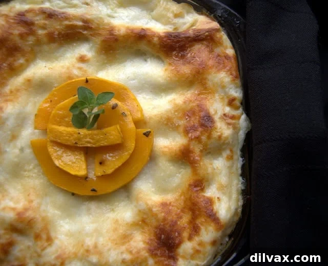 Golden brown and bubbly roasted vegetable chicken lasagna fresh out of the oven