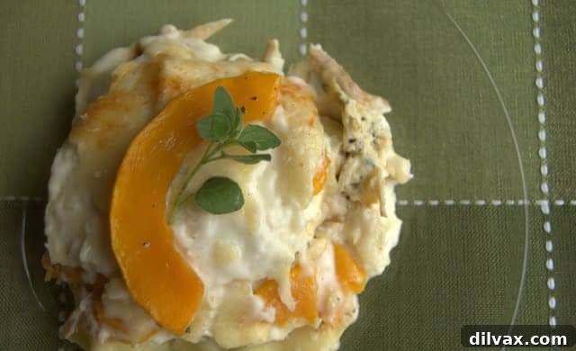 A perfectly sliced piece of roasted vegetable chicken lasagna, showing the layers