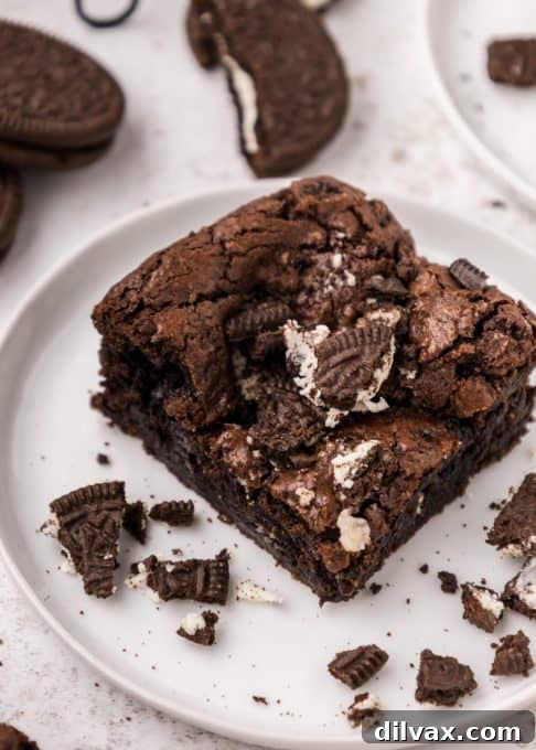 A close-up of a square of chocolate chip brownie with crushed Oreo cookies, highlighting the texture and inclusions.