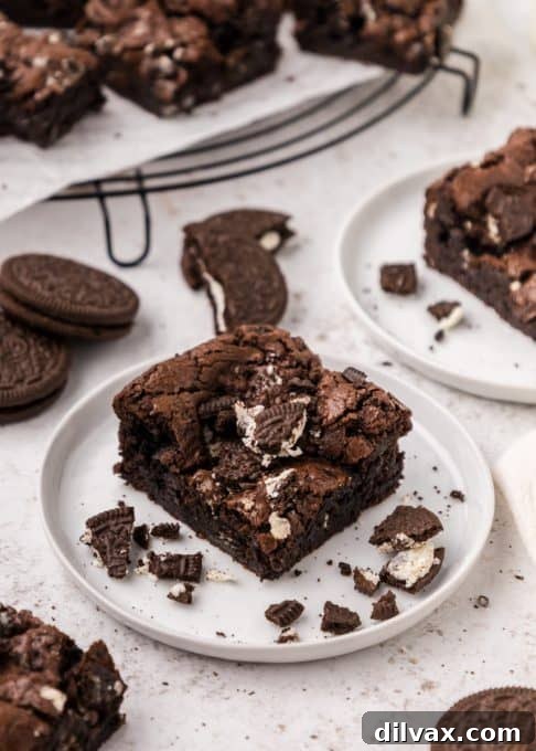 Crushed Oreo cookies and chocolate chips mixed into rich brownie batter, showing the texture before baking.