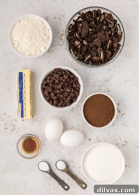 A flat lay photograph showcasing all the fresh ingredients needed for baking Oreo Brownies, including butter, chocolate chips, eggs, sugar, flour, cocoa, salt, baking soda, and chopped Oreos.