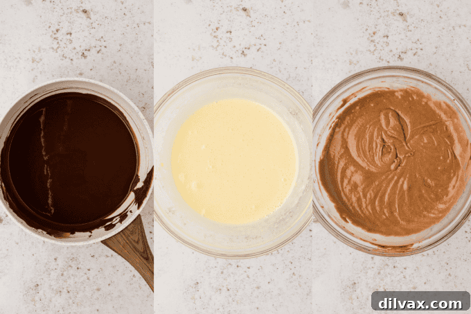 First set of process photos for making Oreo Brownies: melting butter and chocolate, and beating eggs and sugar until pale.