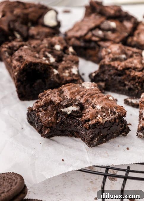 Close-up of a brownie slice, revealing the bits of Oreo cookies and chocolate chips within the rich, fudgy texture.