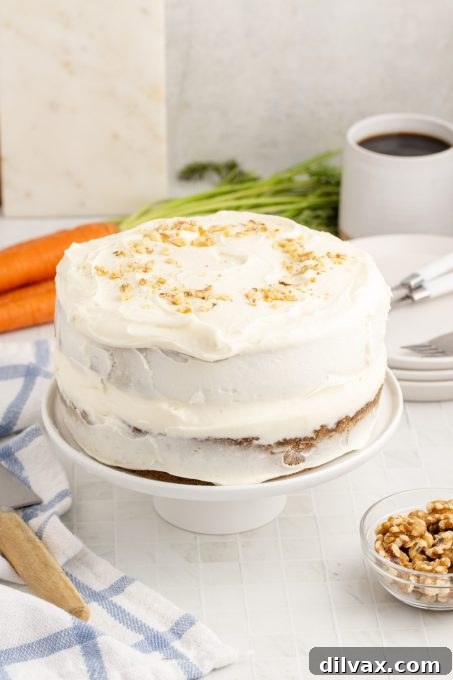 Walnut decorated carrot pineapple cake, ready to serve.
