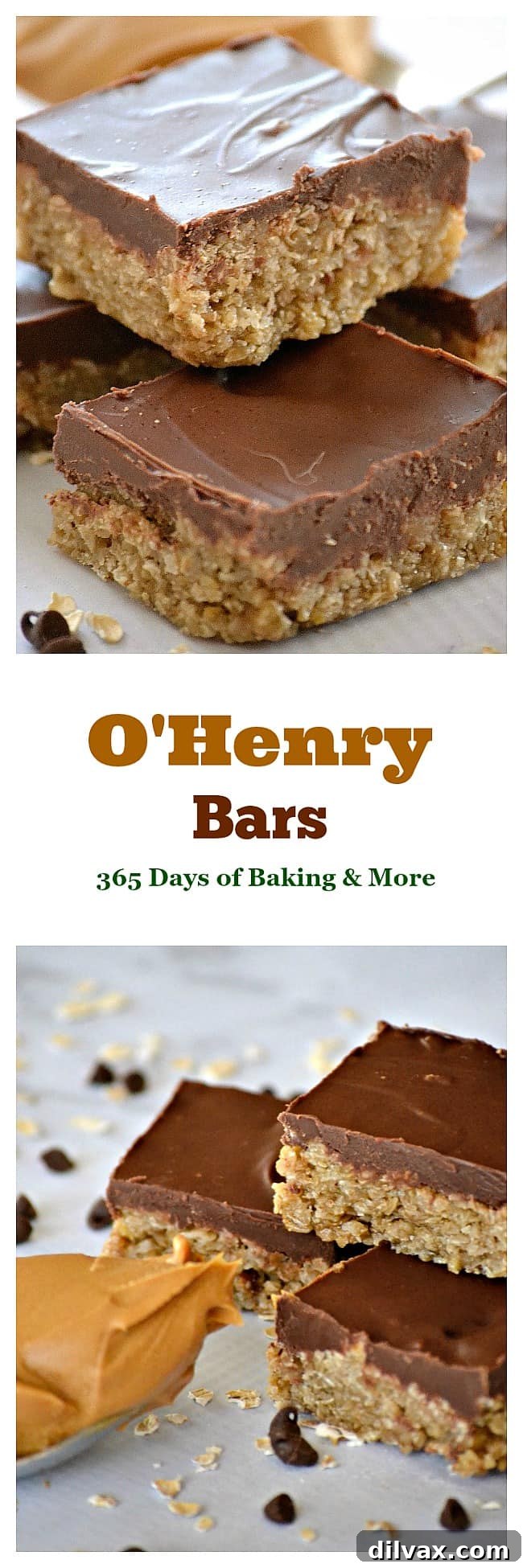 Decadent O'Henry Bars 11 O'Henry Bars are a sweet oatmeal base topped with chocolate and peanut butter - a great after-school snack or a delicious addition to holiday cookie trays!