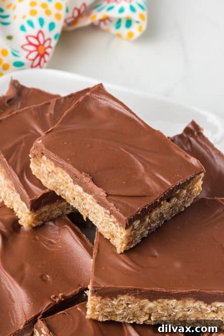 Decadent O'Henry Bars 6 Chocolate peanut butter top a chewy bar made with oats.