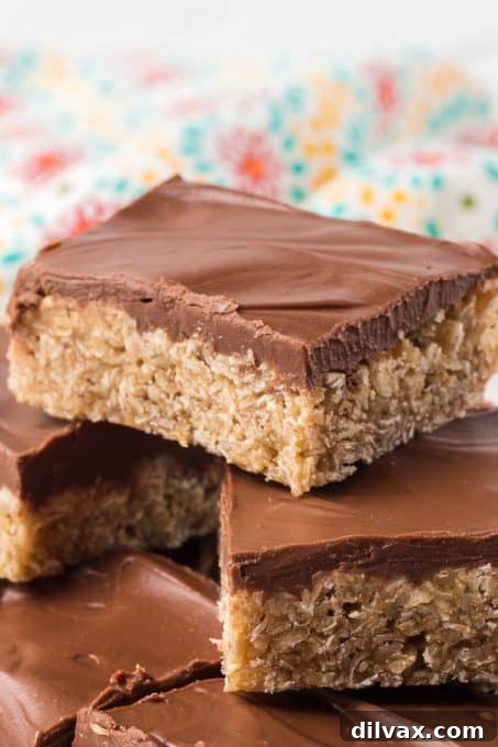 Decadent O'Henry Bars 10 Chocolate Peanut Butter top a chewy bar made of oats.