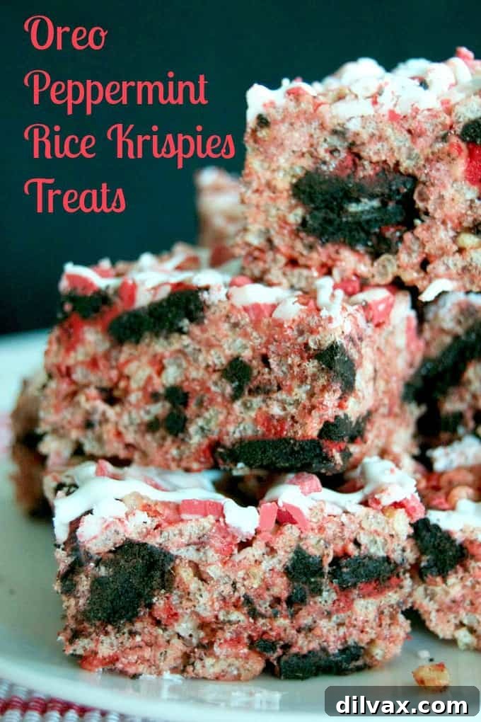 Peppermint Oreo Krispie Bars 4 Rice Krispies Treats with Winter Oreos, peppermint, and Andes Peppermint Crunch! A tasty and colorful holiday treat!