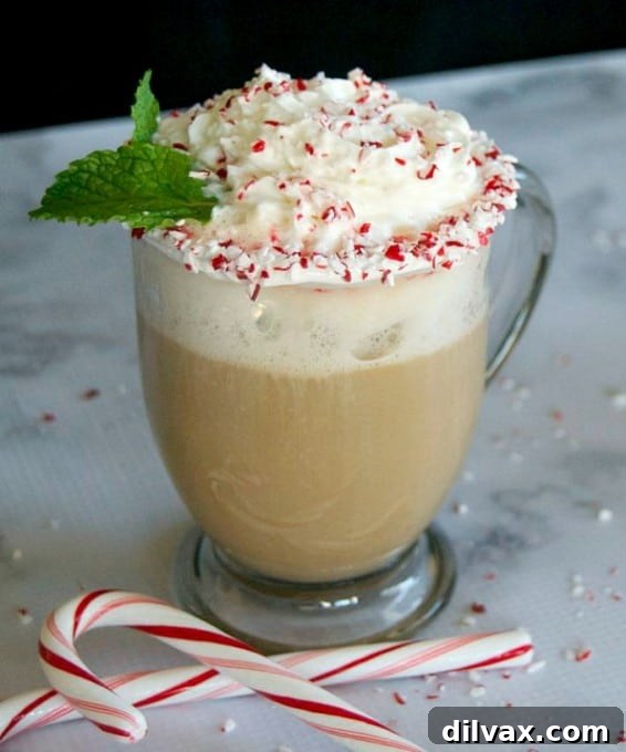 Wintermint White Chocolate Mocha 3 A top-down view of a Peppermint White Chocolate Mocha, beautifully garnished for a holiday treat.