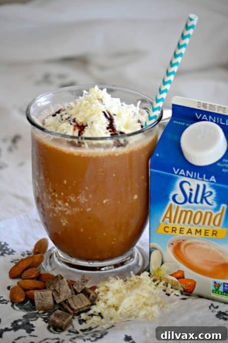 Wintermint White Chocolate Mocha 8 This Almond Candy Bar Frozen Coffee is taste of your favorite coconut candy bar in a refreshing frozen coffee drink. And it's dairy-free thanks to Silk Vanilla Almond Creamer.