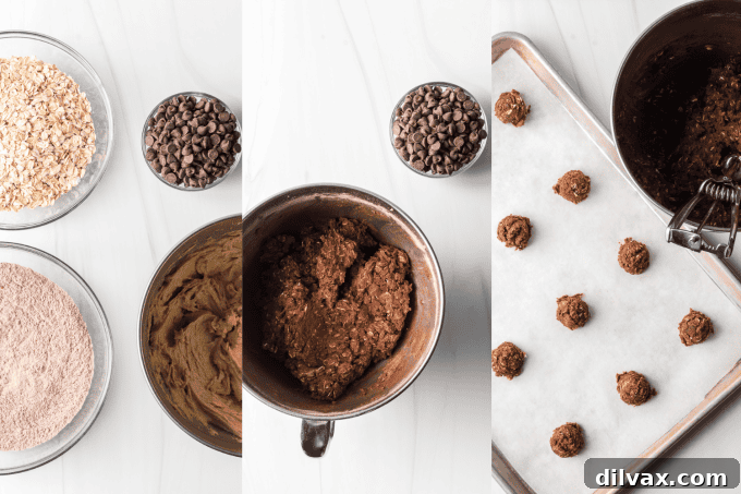Step-by-step process photos for making Double Chocolate Oatmeal Cookies